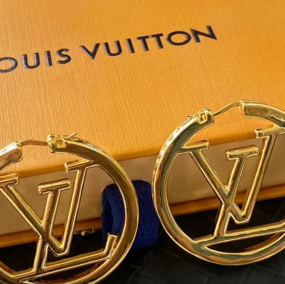 Louis Vuitton Gold Logo Pearl  Hoop Earrings NEW RARE